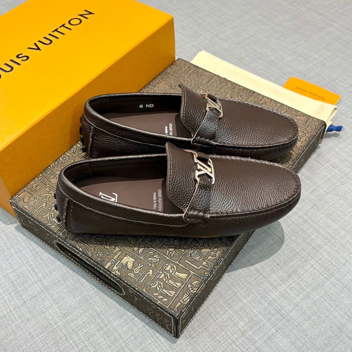 Louis Vuitton Men's Grained Leather Driving Shoes in Dark Gunmetal Hardware