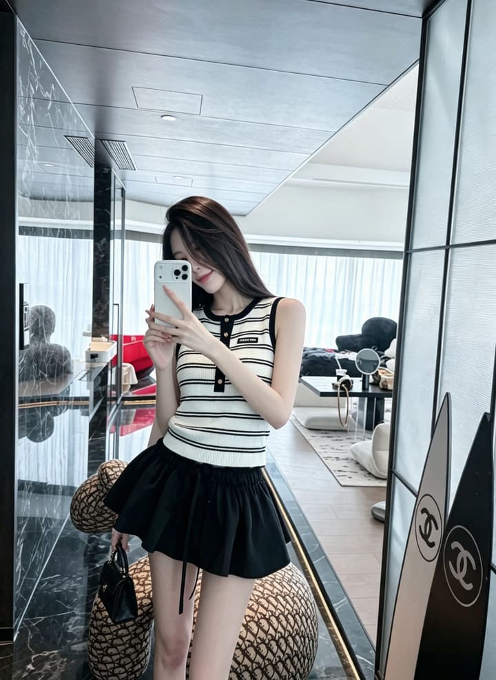 Miu Miu Striped Buttoned Slim-Fit Tank Top in Coffee
