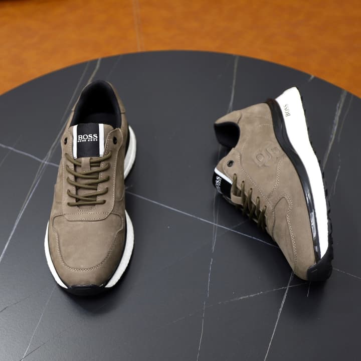 Boss Men's Luxury Running Sneakers in Black Mesh With White Sole