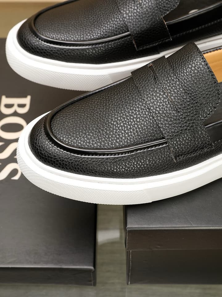 Boss Men's Luxury Leather Slip-On Loafers in Black Smooth Leather