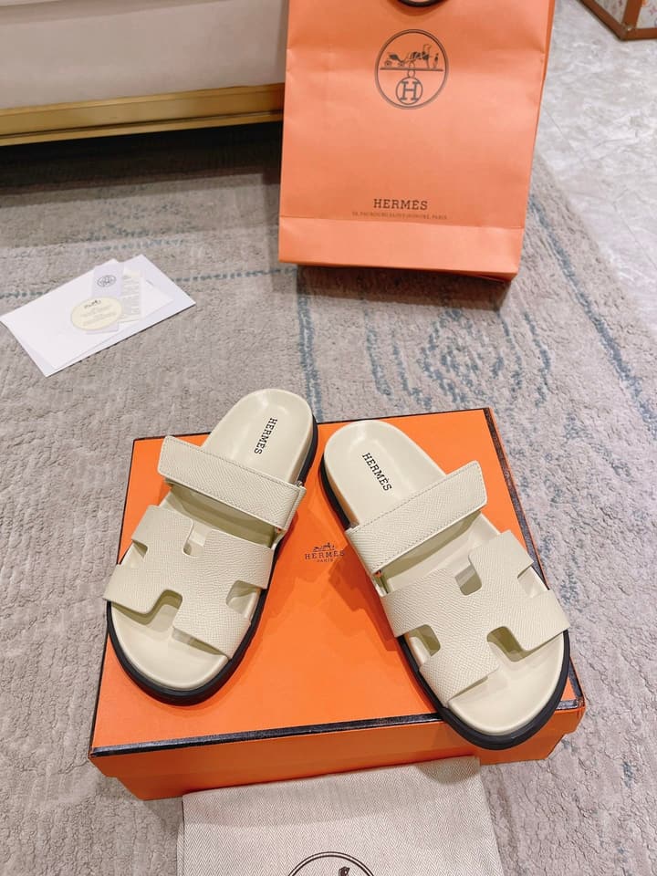 Hermès Chypre Suede Unisex Slides in Black With Dark Blue Strap