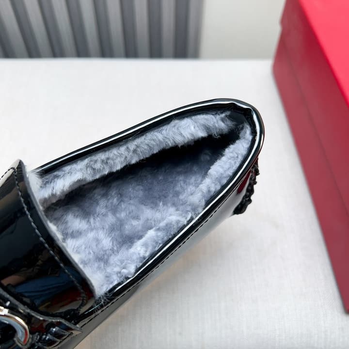 Ferragamo Imported Cowhide Fur-Lined Loafers in Black Patent Leather