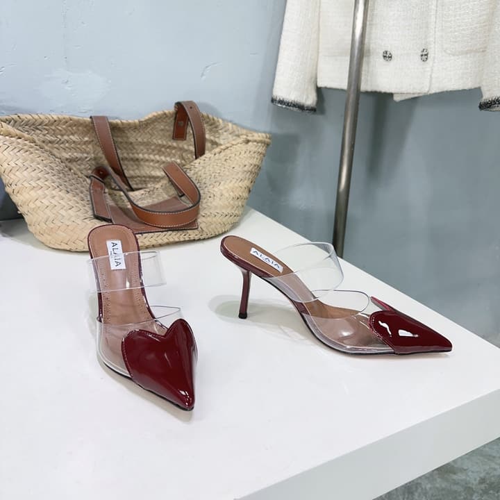 Alaïa Heart PVC Pointed Toe Slingback Mules – Spring/Summer 2025 in Red Patent Toe / Clear Pvc