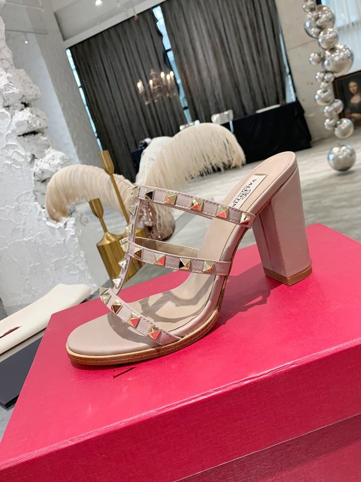 Valentino Studded Classic Block Heel Sandals in Beige