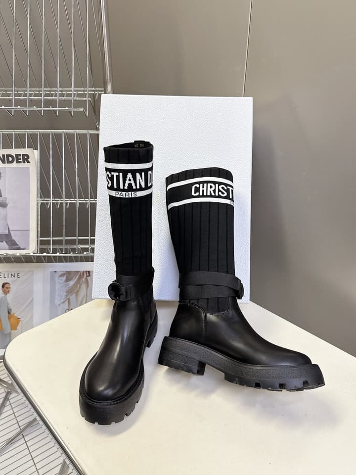Dior Autumn/Winter Knight Knee-High Boots in Black Knit Sock Boot