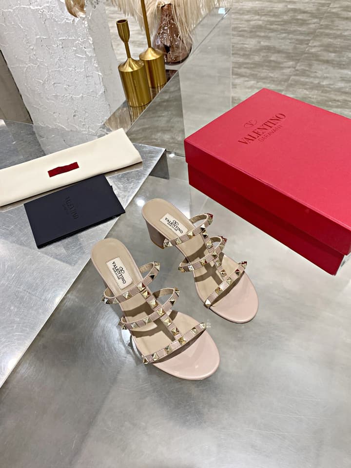 Valentino Rockstud Classic Block Heel Sandals in Nude With Gold Studs