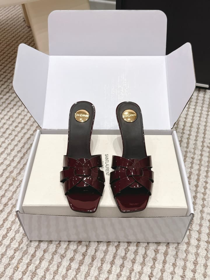 Saint Laurent Melody Square-Toe Heeled Sandals – 2026 Spring/Summer Collection in Beige Patent