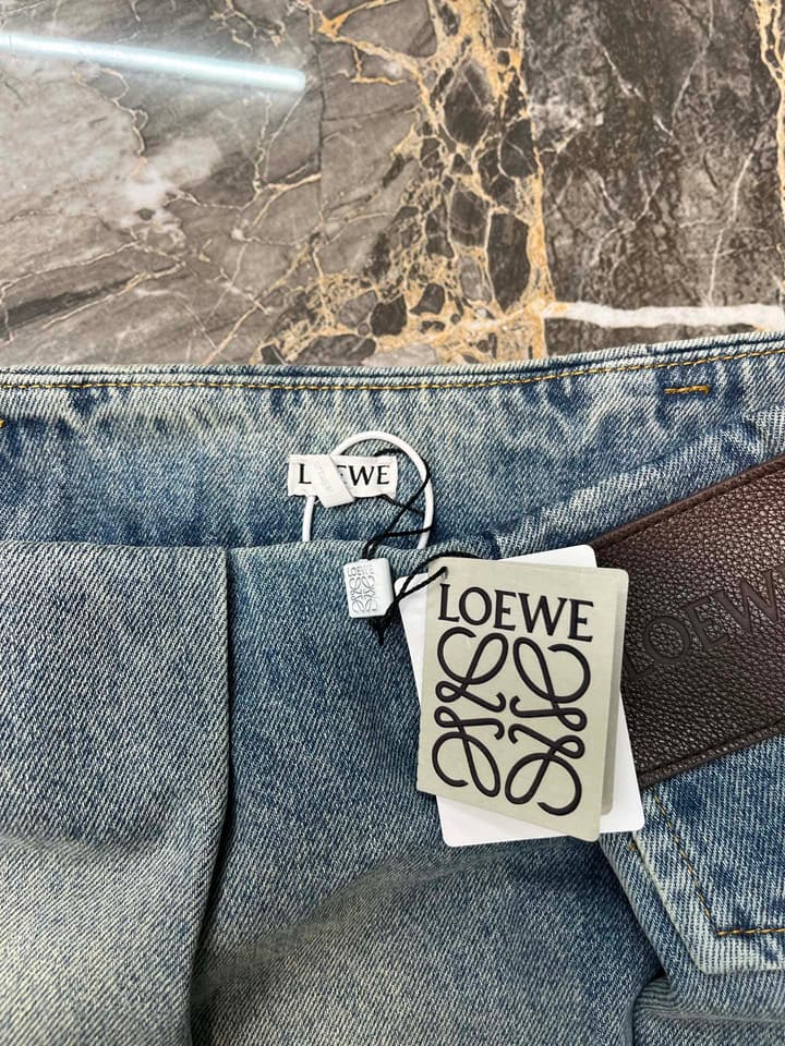 Loewe Leather-Trimmed Denim Mini Skirt in Stonewash Blue