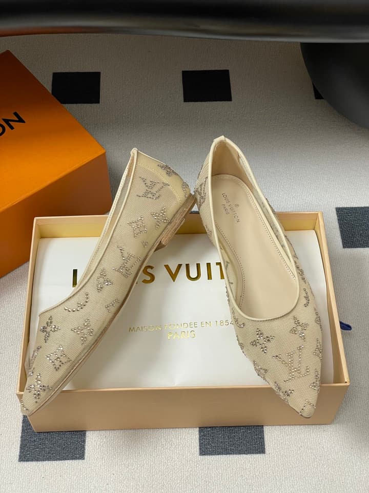 Louis Vuitton Mesh Crystal Pointed-Toe Flats – 25SS Summer Collection in Black Patterned