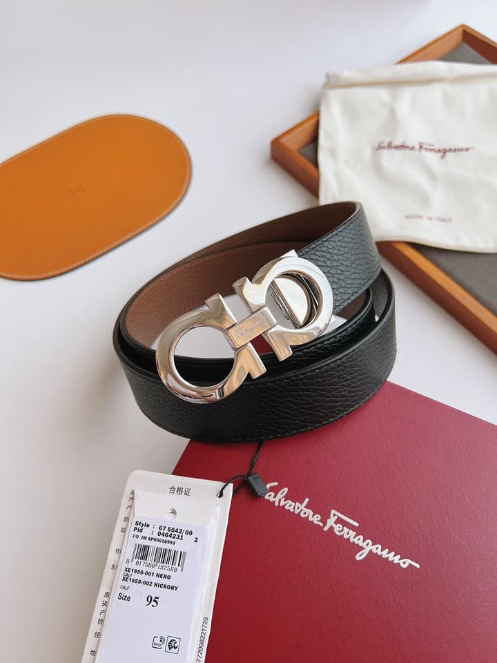 Ferragamo Men's Reversible Leather Belt in Black/brown Reversible With Gold Buckle