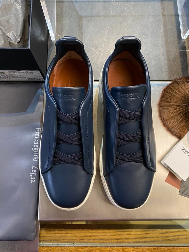 Zegna Triple Stitch Leather Sneakers in Black Smooth Leather