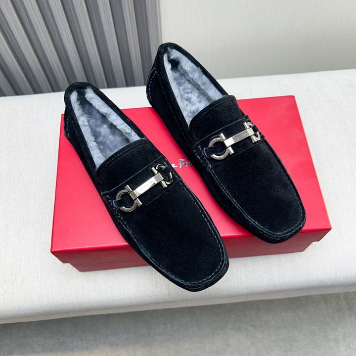 Ferragamo Imported Cowhide Fur-Lined Loafers in Black Patent Leather