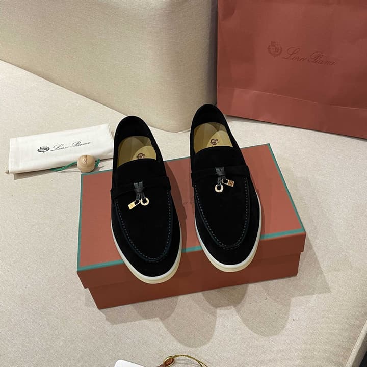 Loro Piana Summer Charms Walk Moccasin Loafers in Black Leather