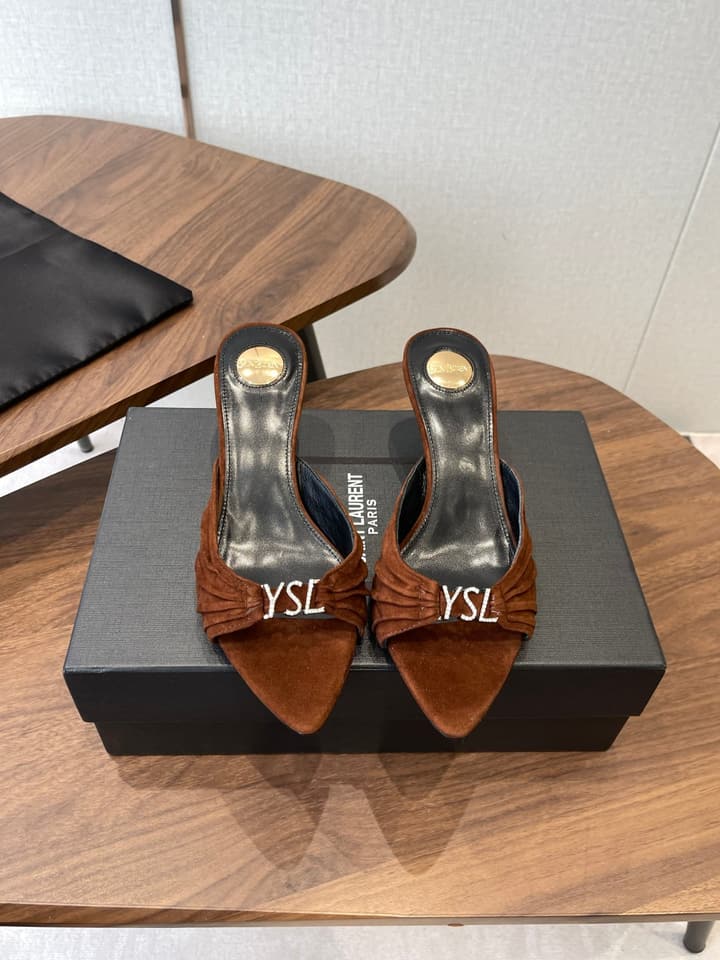 Saint Laurent Pointed Toe Stiletto Heeled Sandals – 26SS in Black - Gold Logo Plaque