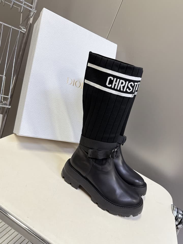 Dior Autumn/Winter Knight Knee-High Boots in Black Knit Sock Boot