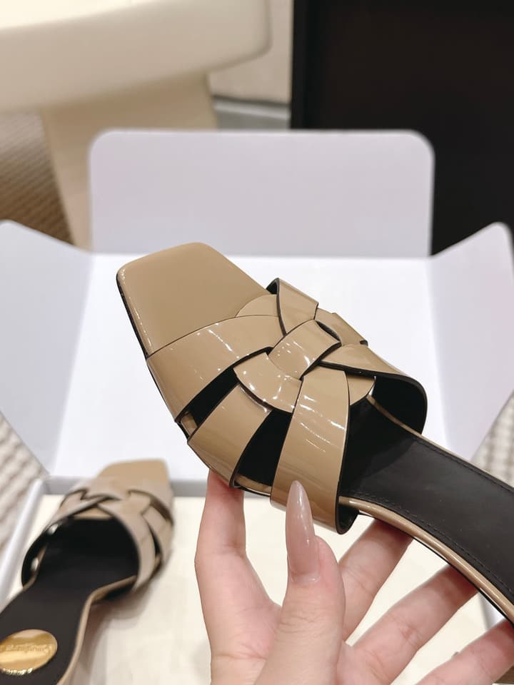 Saint Laurent Melody Square-Toe Heeled Sandals – 2026 Spring/Summer Collection in Beige Patent