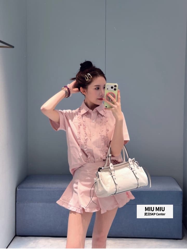 Miu Miu Embroidered Ruffle Shirt and Pleated Skort Set in Pink