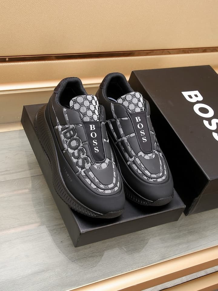Boss New Men's Luxury Athletic Sneakers in Black With White Detail