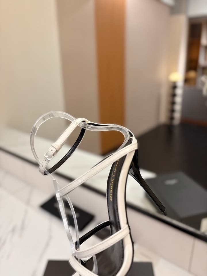 Saint Laurent YSL Logo Mirror Leather Heeled Sandals in Black With Black Logo