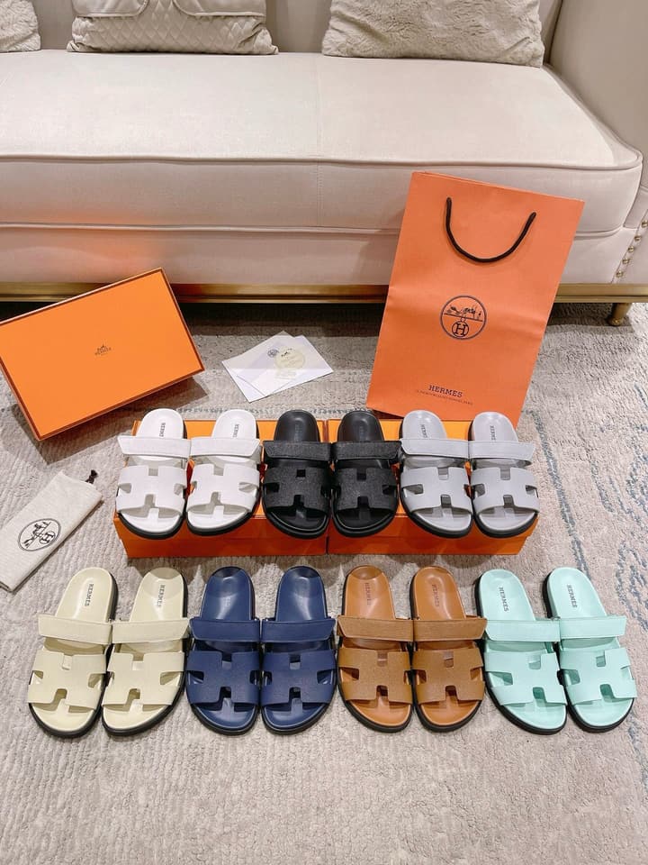 Hermès Chypre Suede Unisex Slides in Black With Dark Blue Strap