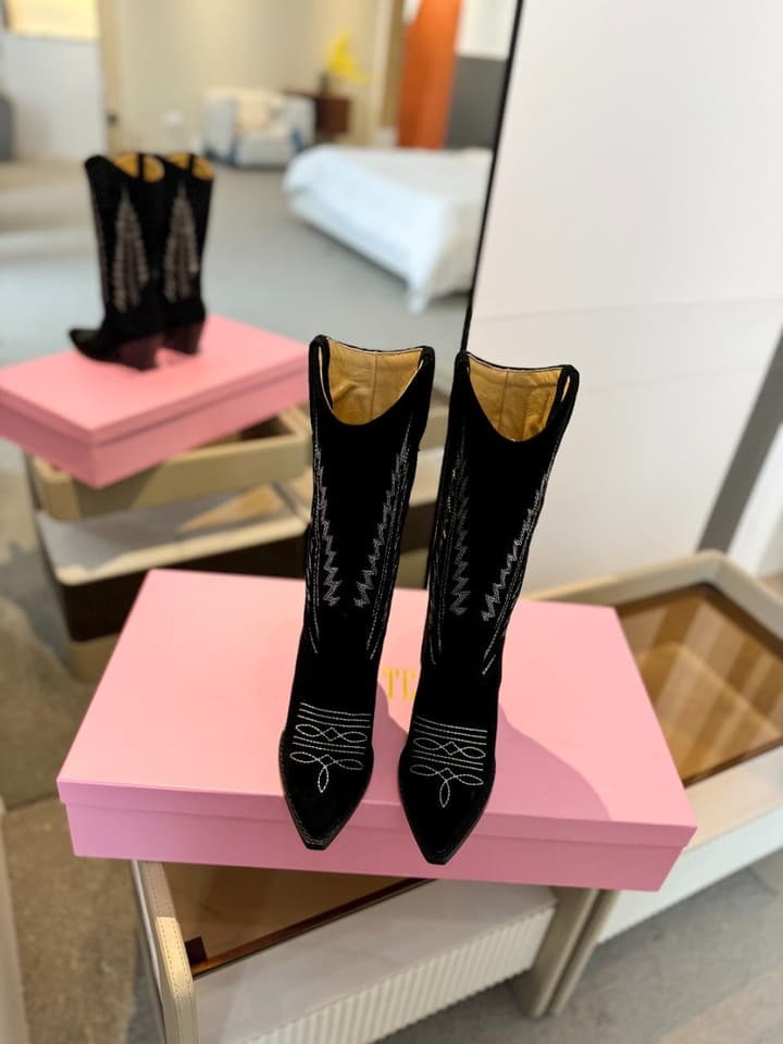 Paris Texas Embroidered Knee-High Boots in Black Suede