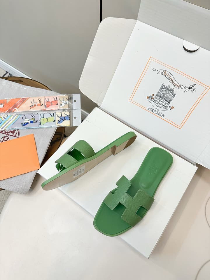 Hermès Palm Grain H-Slides in Bright Green