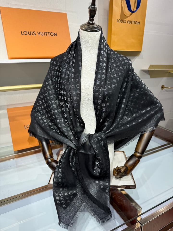 Louis Vuitton Classic Monogram Silk Wool Shawl in Beige