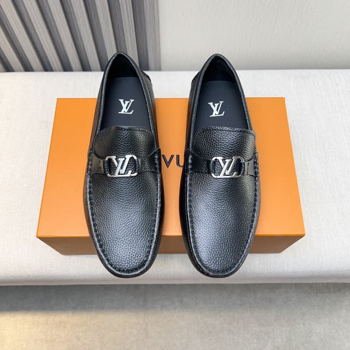 Louis Vuitton Pebbled Leather Driving Shoes in Black Smooth Leather