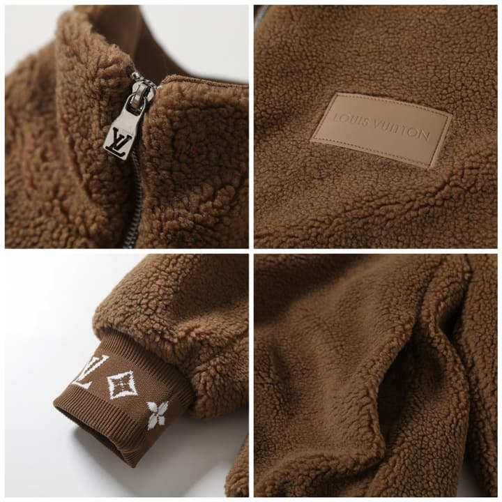 Louis Vuitton Leather Label Jacquard Fleece Jacket – 25FW in Coffee Brown
