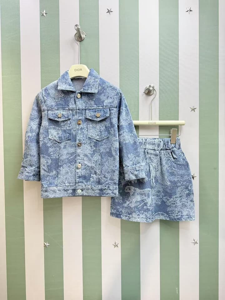 Dior Kids Printed Jacket and Skirt Set – 2025SS – Kids Collection in Blue Watercolor Print Set