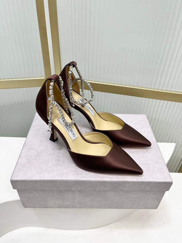 Jimmy Choo Stevie 100 Satin Bow Heels in Brown Satin