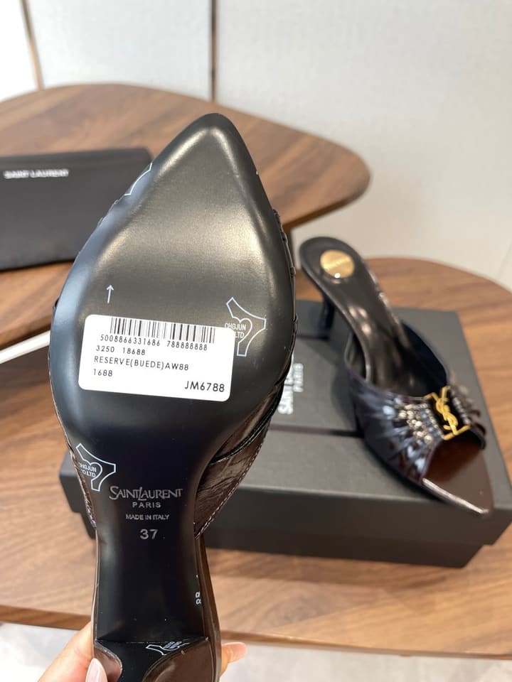 Saint Laurent Pointed Toe Stiletto Heeled Sandals – 26SS in Black - Gold Logo Plaque