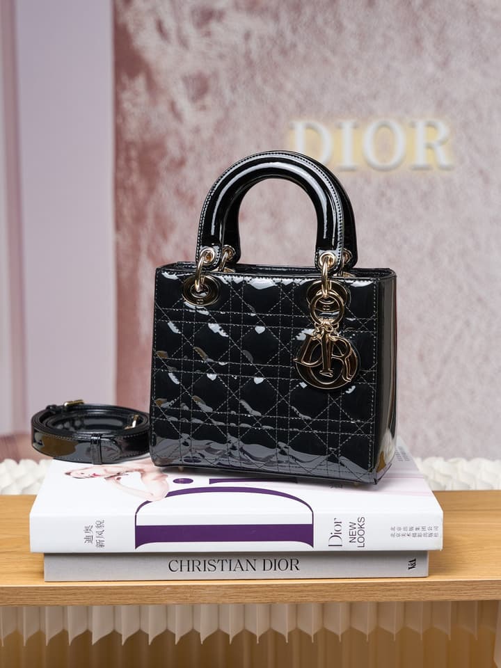 Dior Lady Dior Handbag in Black Patent Leather