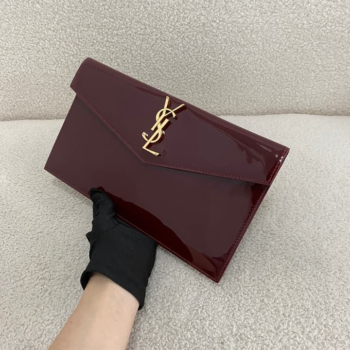 Saint Laurent Uptown Envelope Clutch Bag in Patent Burgundy Red