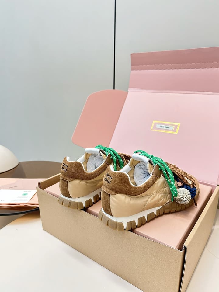 Miu Miu German Training Casual Shoes – 25SS Spring/Summer Runway Collection in Caramel Tan & Emerald Green Ribbons