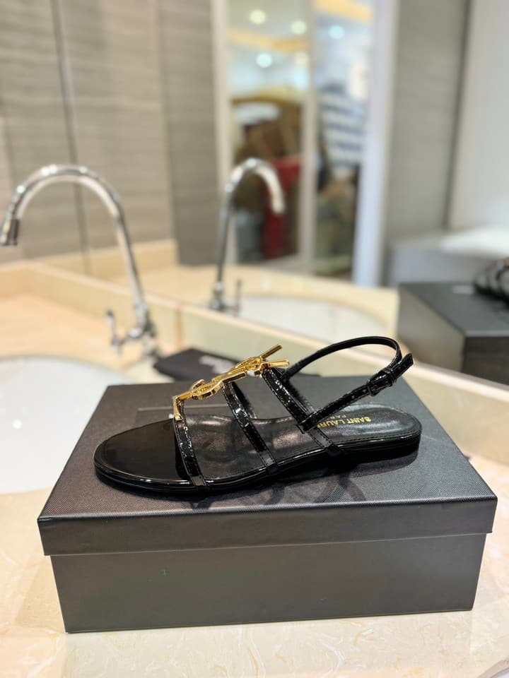 Saint Laurent YSL Metal Logo Heeled Sandals in Matte Black Criss-cross Strap Sandal