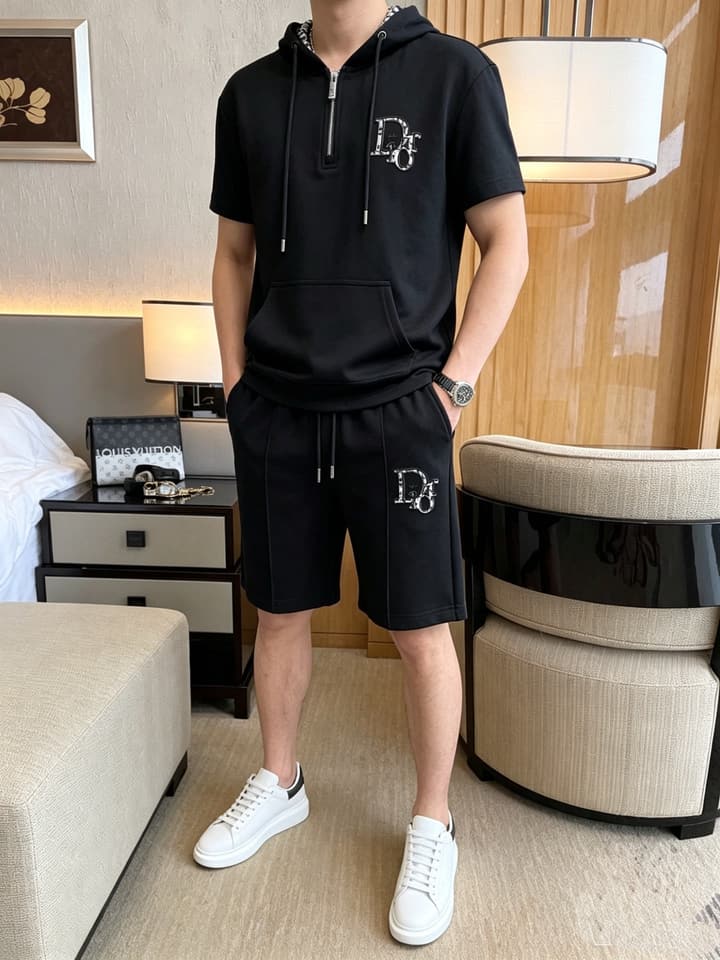 Dior Classic Air Layer T-Shirt and Shorts Set – 2026 Summer Collection in Black Crewneck Oblique Stripe