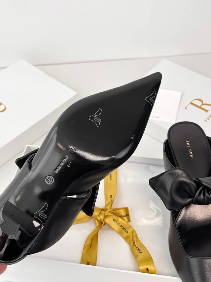 The Row Leather Bow Mules in Black Leather