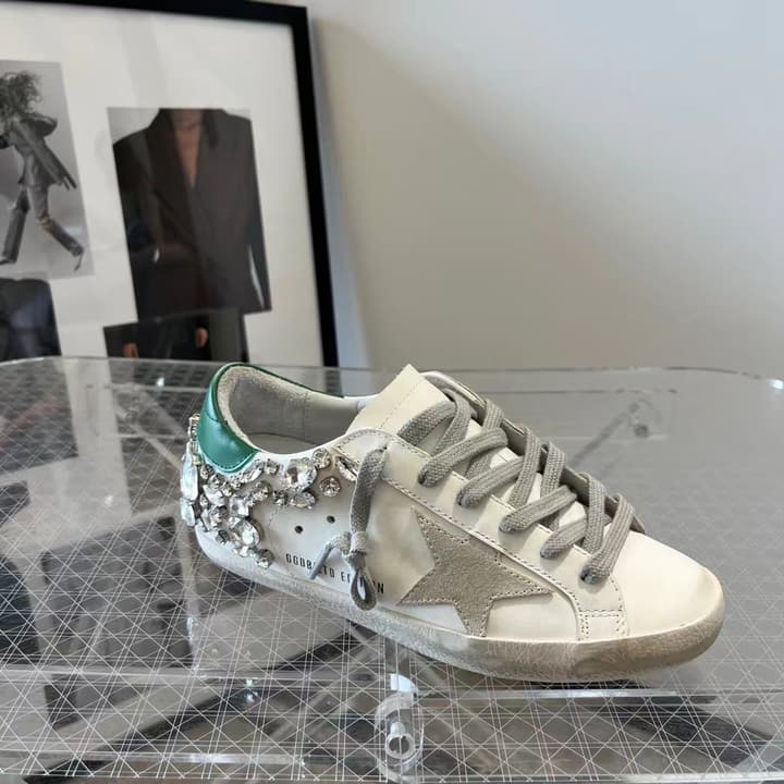 Golden Goose Superstar Diamond Tail Sneakers – 2023 Autumn/Winter in Distressed White With Royal Blue Rhinestone Heel