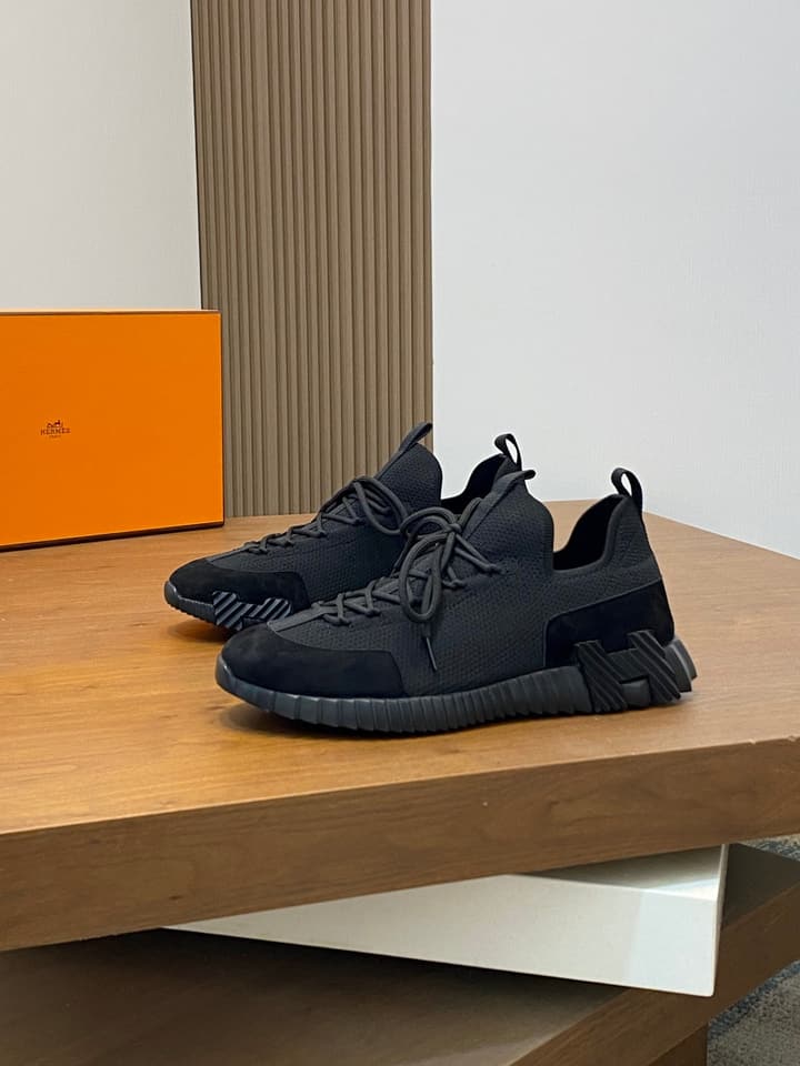 Hermès Suede and Denim Canvas Sneakers in Black And White
