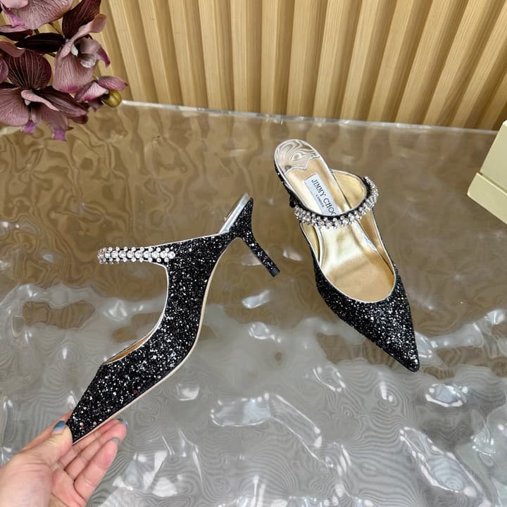 Jimmy Choo Sequined Evening Heels – 2025SS in Black Glitter