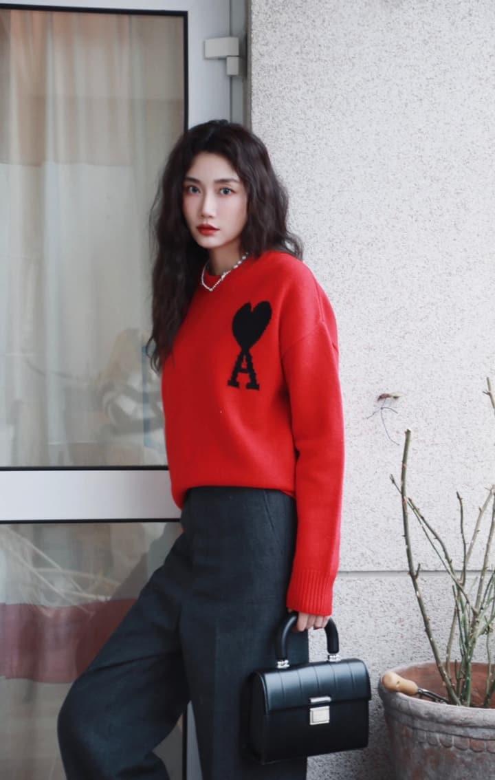 AMI Paris Heart Logo Knitted Sweater in Vibrant Red