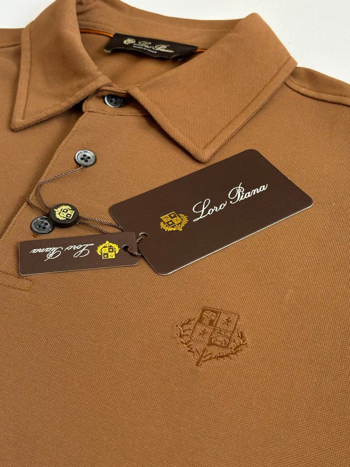 Loro Piana LP Logo Embroidered Pique Cotton Polo Shirt in Dark Brown