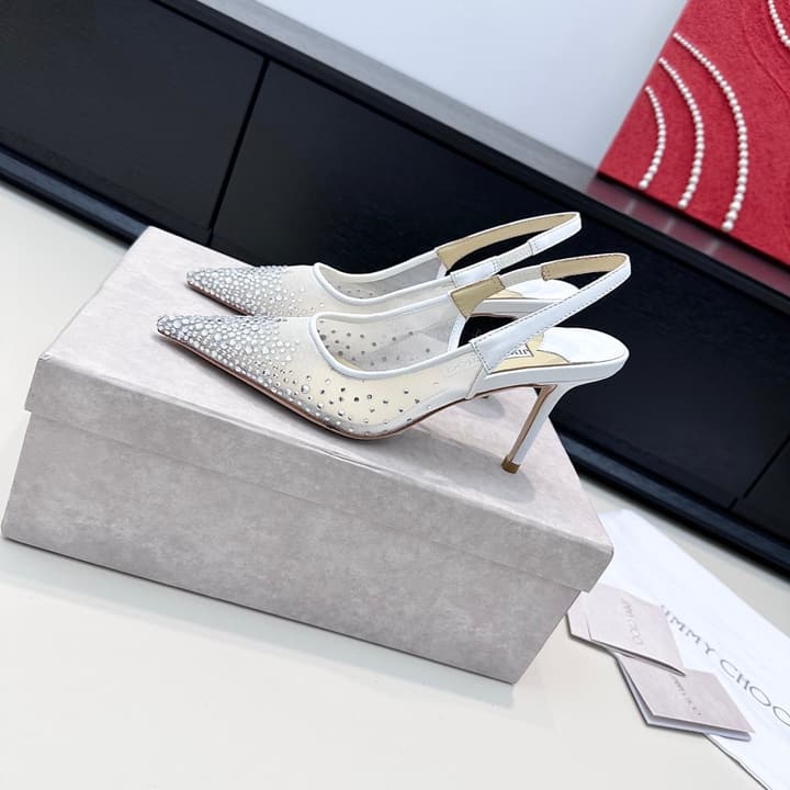 Jimmy Choo Mesh Rhinestone Slingback Heels – Spring/Summer Collection in Pure White