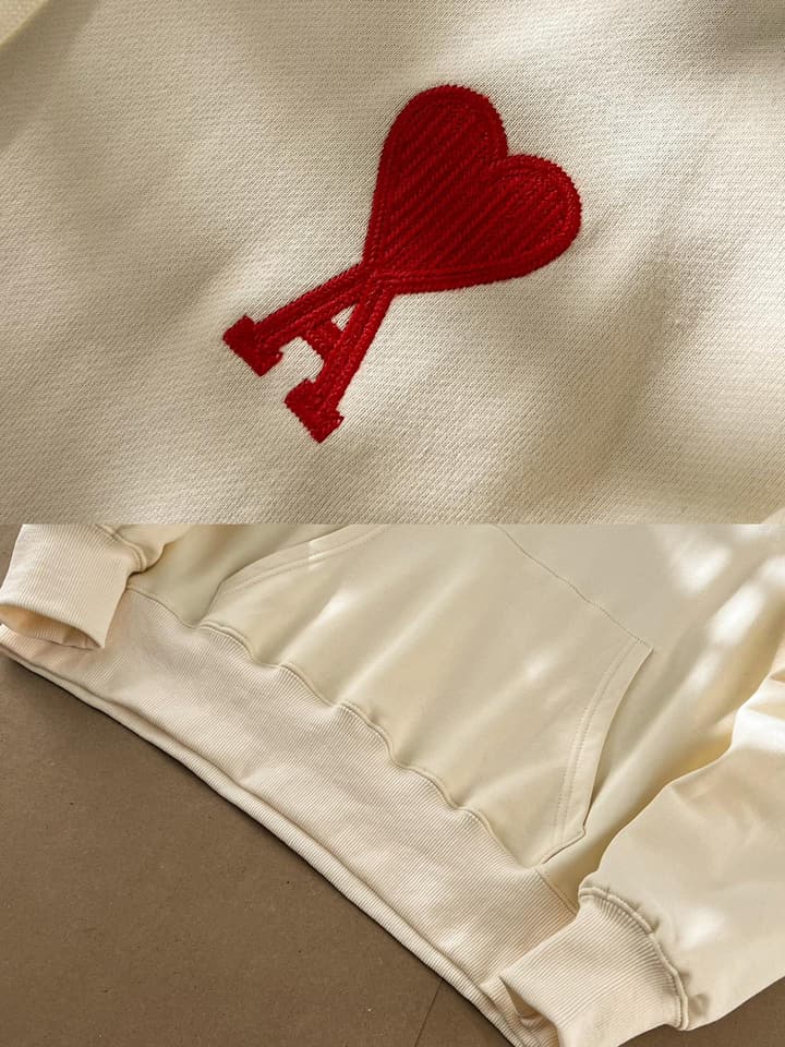 Ami Paris Ami De Coeur Heart Embroidery Hoodie in Beige