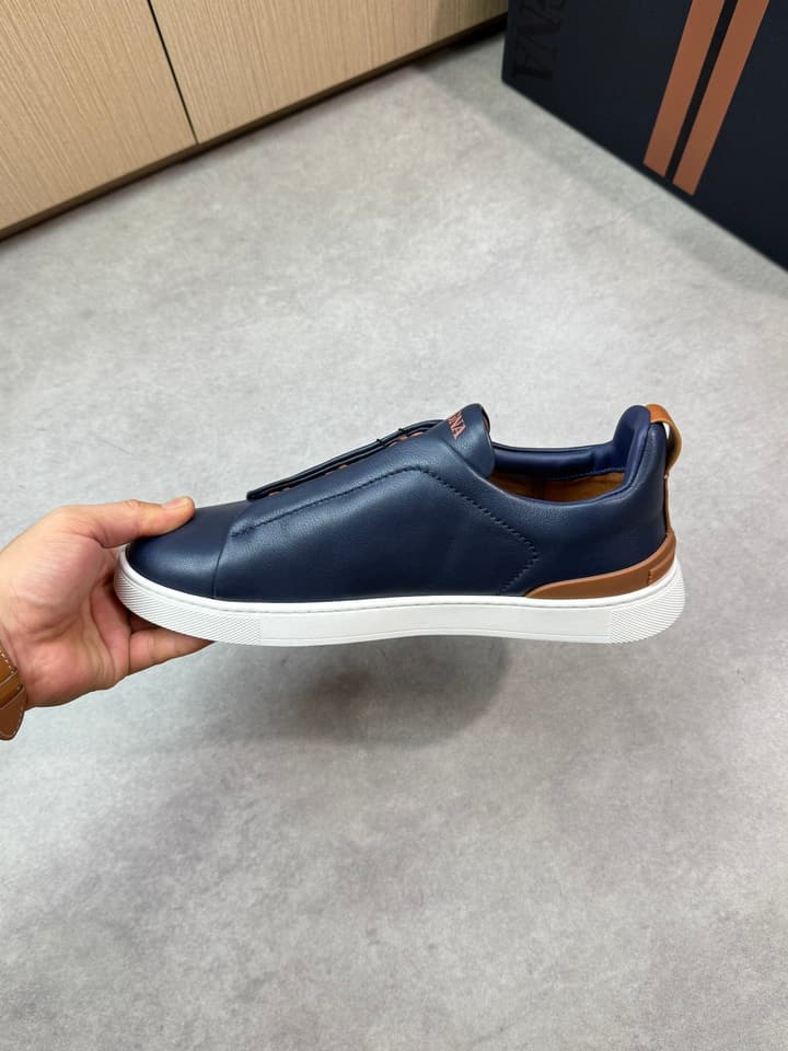 Zegna Triple Stitch Nappa Leather Slip-On Sneakers in Black