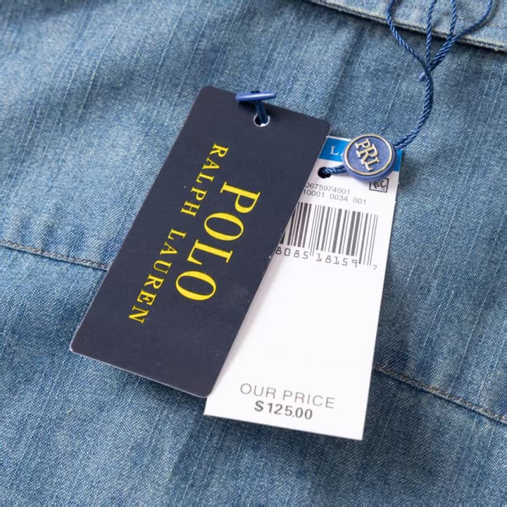Ralph Lauren Washed Denim Shirt with Embroidered Logo in Dark Wash Denim Flat Lay