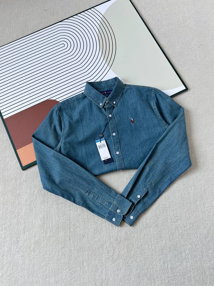 Ralph Lauren Washed Denim Shirt with Embroidered Logo in Dark Wash Denim Flat Lay