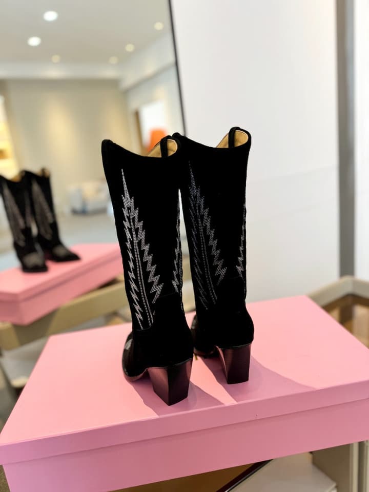 Paris Texas Embroidered Knee-High Boots in Black Suede