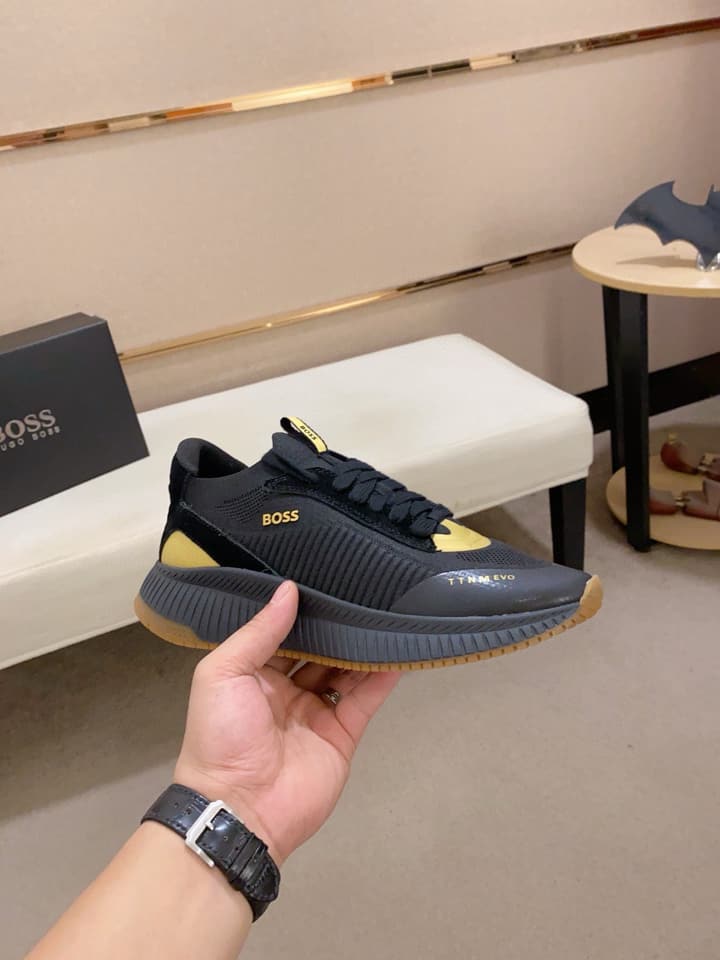 Boss Latest Casual Fly-Knit Sneakers in Black With Gold Accents